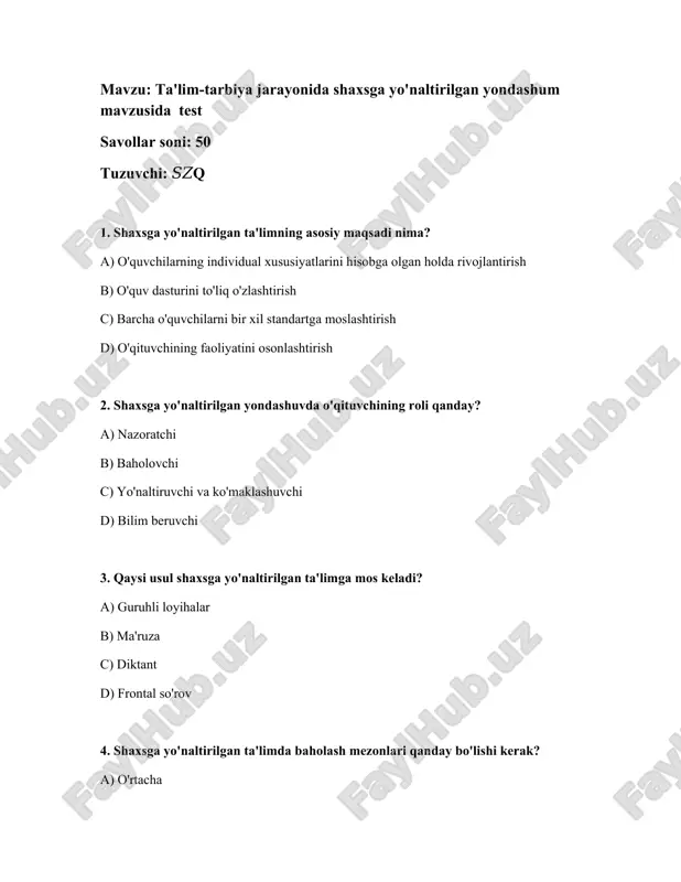 shaxsga yo'naltirilgan ta'lim testi — DOCX