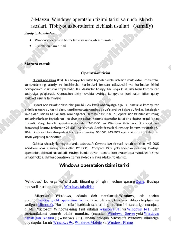 windows operatsion tizimi tarixi va unda ishlash asoslari — DOCX