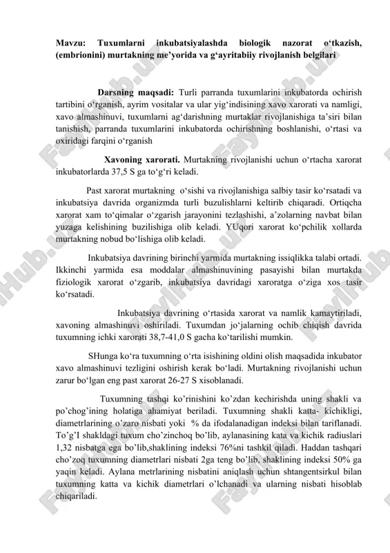 tuxumlarni inkubatsiyalash — DOCX