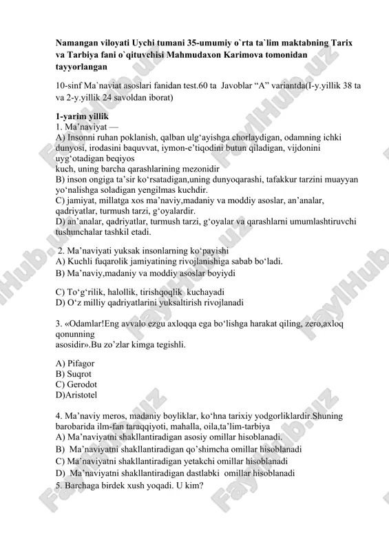 10-sinf ma`naviat asoslari test — DOCX