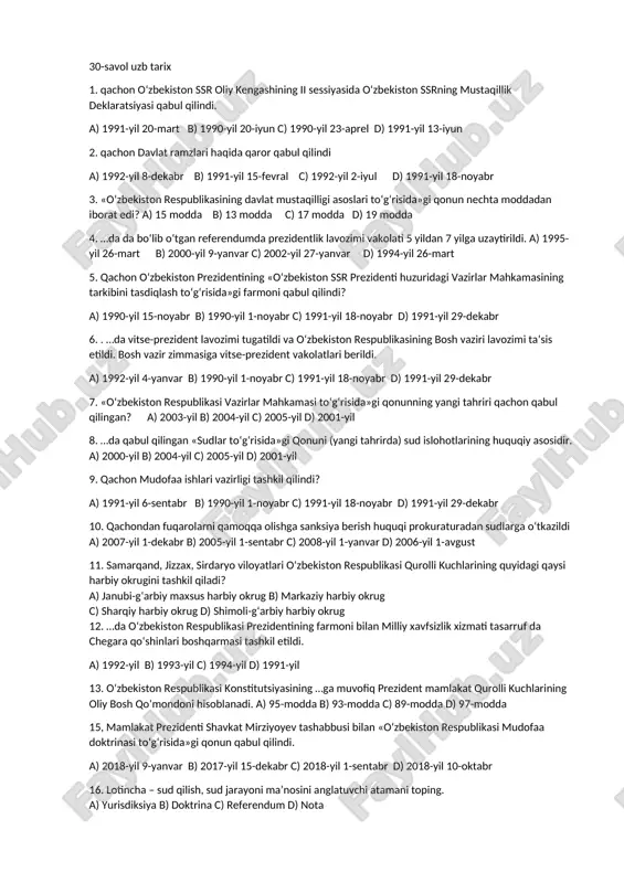 o'zbekiston tarixi test savollari — DOCX
