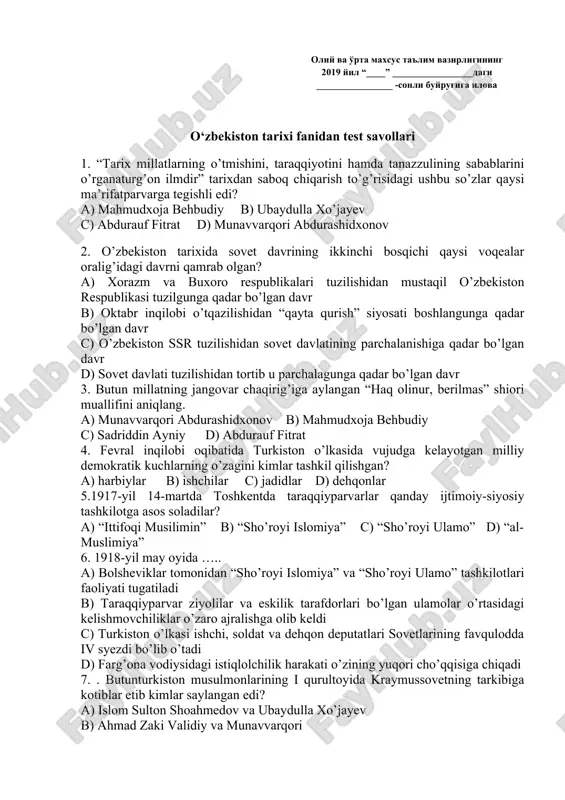 o‘zbekiston tarixi fanidan test savollari — DOCX