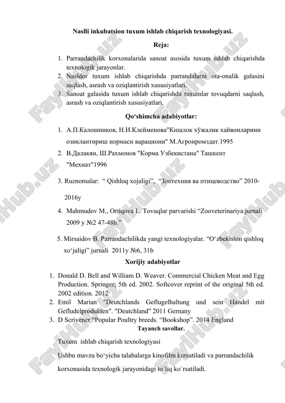 tuxum ishlab chiqarish texnologiyasi — DOCX