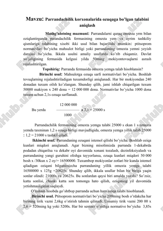 parrandachilik korxonalarida ozuqaga bo’lgan talabini aniqlash — DOCX