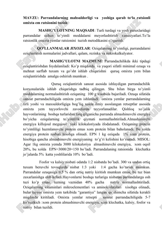 to’yimli moddalar va omixta yemlar ratsionini tuzish — DOCX