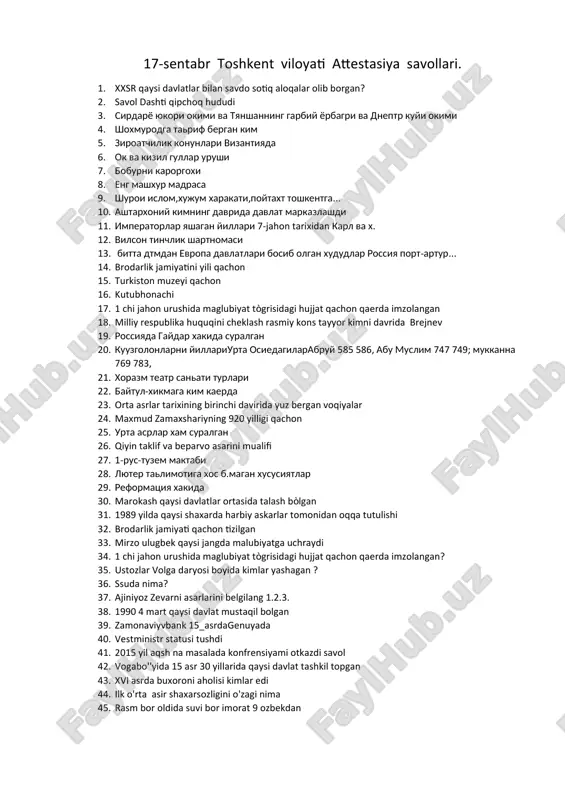 toshkent viloyati attestasiya savollari — DOCX