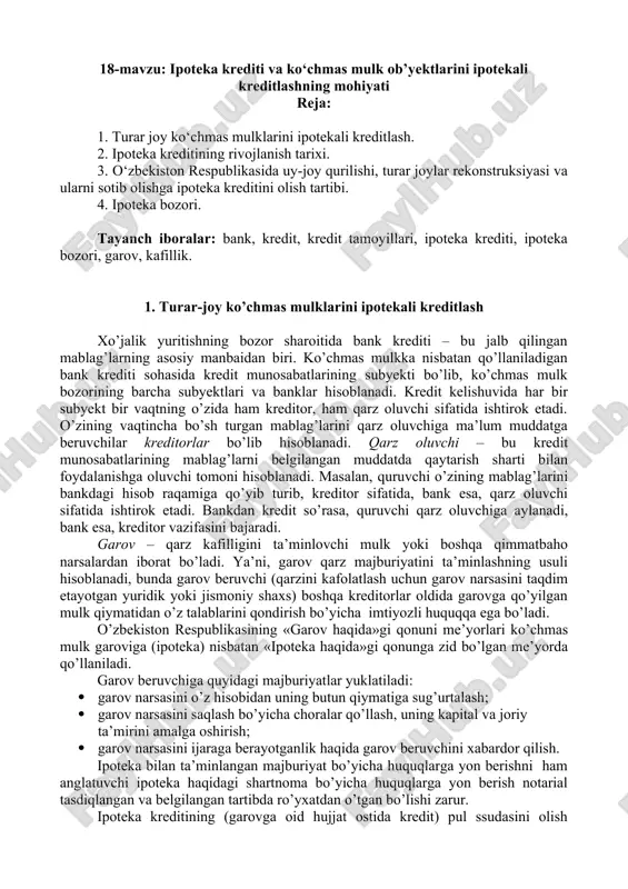 turar-joy ko'chmas mulklarini ipotekali kreditlash — DOCX