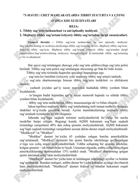chet mamlakatlarda tibbiy sugʼurta va uning oʼziga xos xususiyatlari — DOCX