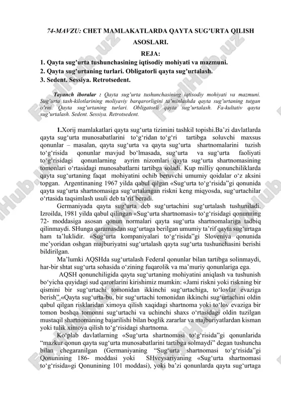 chet mamlakatlarda qayta sugʼurta qilish asoslari — DOCX