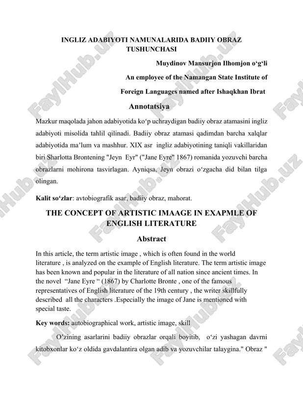 ingliz adabiyoti namunalarida badiiy obraz tushunchasi — DOCX