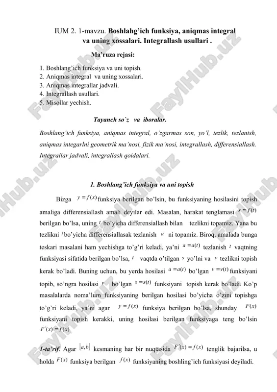 boshlang’ich funksiya, aniqmas integral va uning xossalari — DOCX