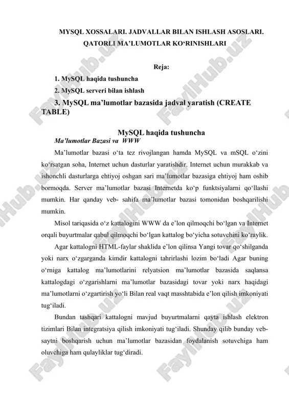 mysql xossalari. jadvallar bilan ishlash asoslari. qatorli ma’lumotlar ko‘rinishlari — DOCX