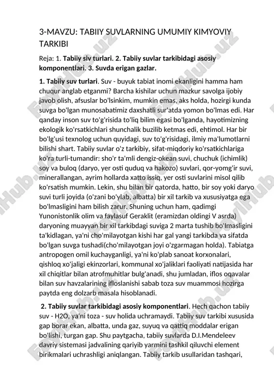 tabiiy suvlarning umumiy kimyoviy tarkibi — DOCX