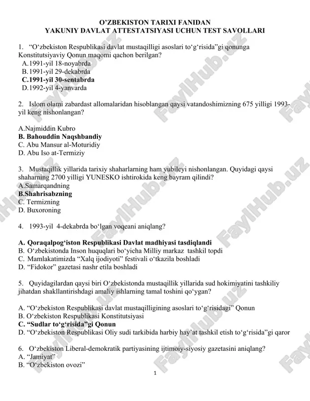 o'zbekiston tarixi fanidan yakuniy davlat attestatsiyasi uchun test savollari — DOCX