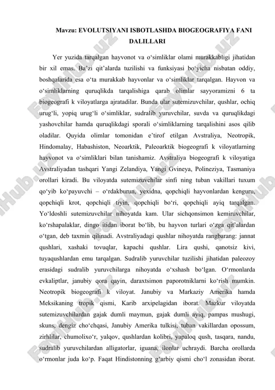 evolutsiyani isbotlashda biogeografiya fani dalillari — DOCX