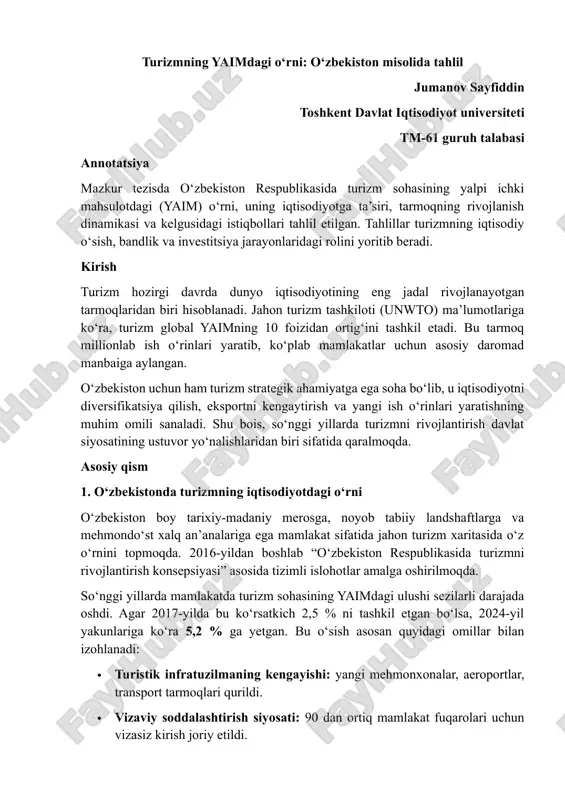 o‘zbekiston misolida turizmning yaimdagi o‘rni: o‘zbekiston misolida tahlil — DOCX