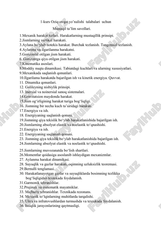 1-kurs oziq-ovqat yo’nalishi talabalari uchun — DOCX
