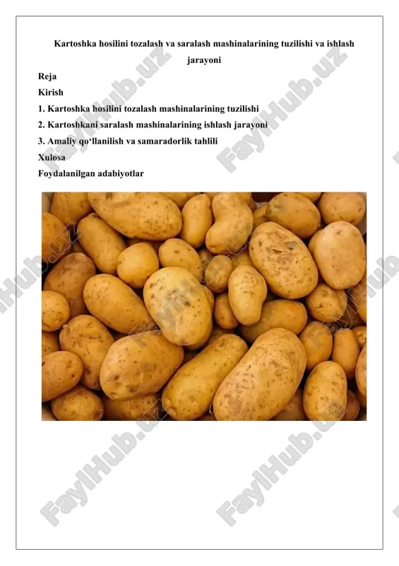 kartoshka hosilini tozalash va saralash mashinalarining tuzilishi — DOCX