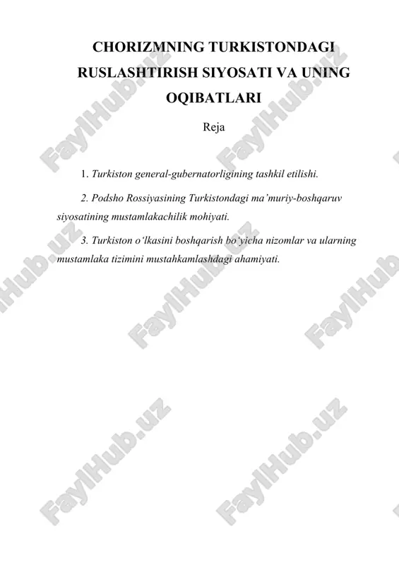 chorizmning turkistondagi ruslashtirish siyosati va uning oqibatlari — DOC