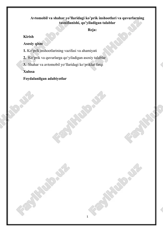 ko‘prik inshootlari va quvurlarning tasniflanishi — DOCX