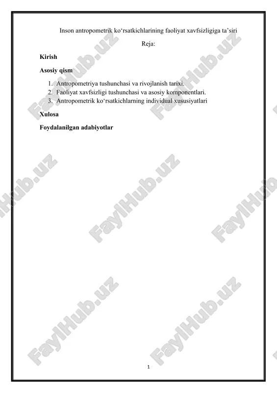 antropometrik ko‘rsatkichlarining faoliyat xavfsizligiga ta’siri — DOCX