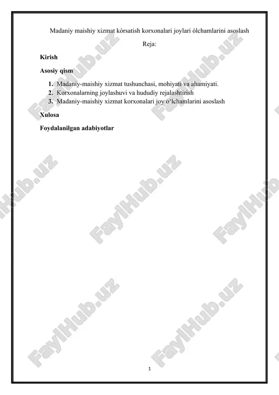 madaniy-maishiy xizmat kòrsatish korxonalari joylari òlchamlarini asoslash — DOCX