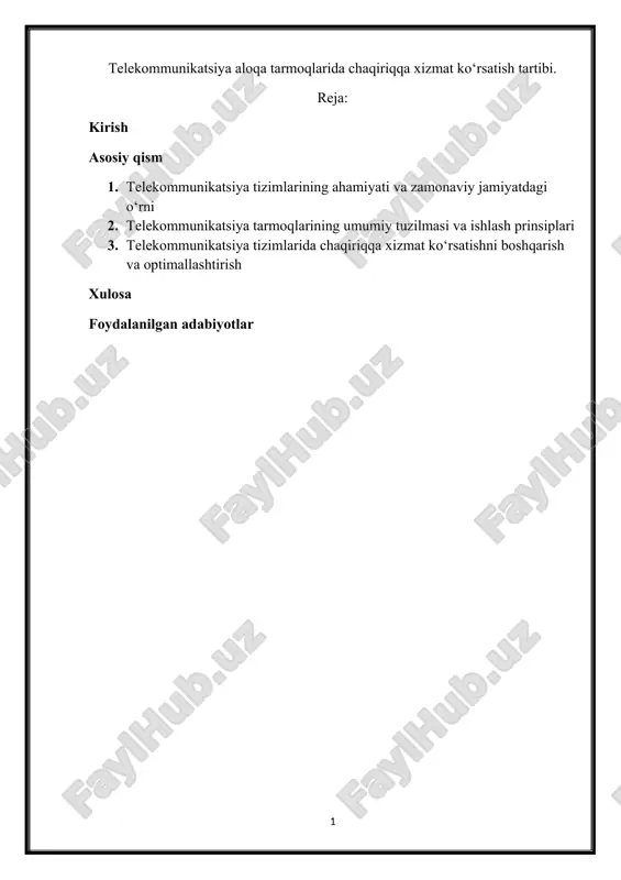 telekommunikatsiya tarmoqlarida chaqiriqqa xizmat ko‘rsatish tartibi — DOCX
