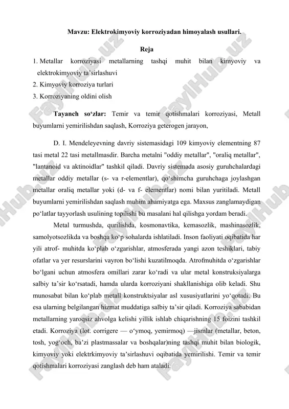 elektrokimyoviy korroziyadan himoyalash usullari referat — DOCX
