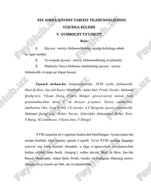 xix asrda qiyosiy-tarixiy tilshunoslikning vujudga kelishi v. gumboldt taʼlimoti — DOCX