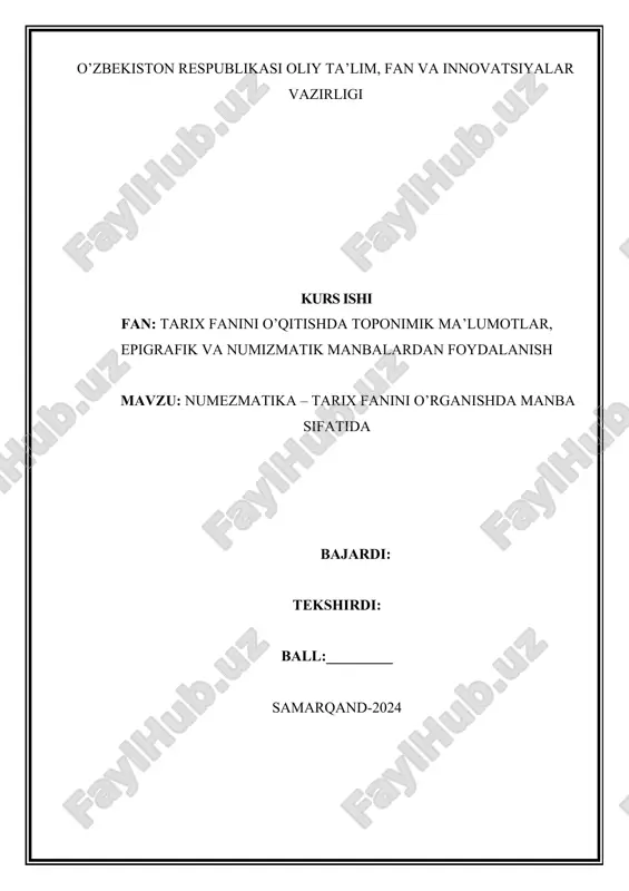 numezmatika – tarix fanini o’rganishda manba sifatida — DOCX