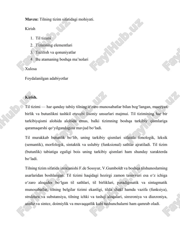 tilning tizim sifatidagi mohiyati — DOCX
