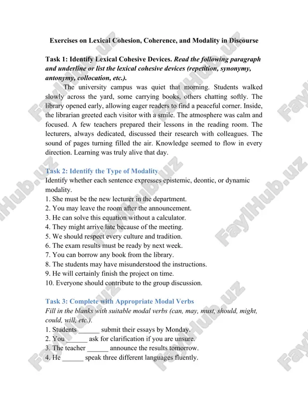 exercises on lexical cohesion, coherence, and modality in discourse — DOCX