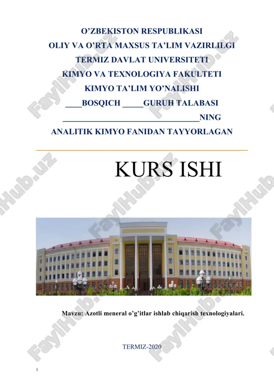 azotli meneral o’g’itlar ishlab chiqarish texnologiyalari — DOCX