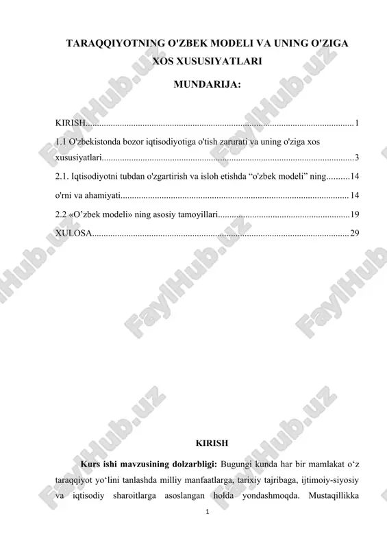 taraqqiyotning o'zbek modeli va uning o'ziga xos xususiyatlari — DOCX