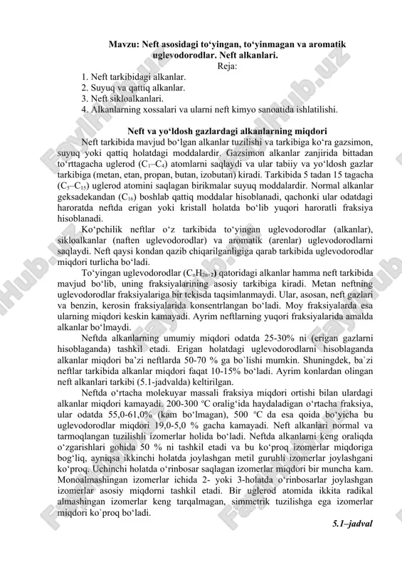 neft asosidagi to‘yingan, to‘yinmagan va aromatik uglevodorodlar — DOCX