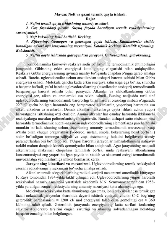 neft va gazni termik qayta ishlash — DOCX