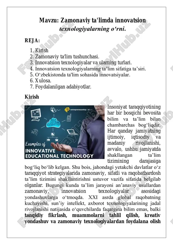 zamonaviy ta'limda innovatsion texnologiyalarning o‘rni — PDF