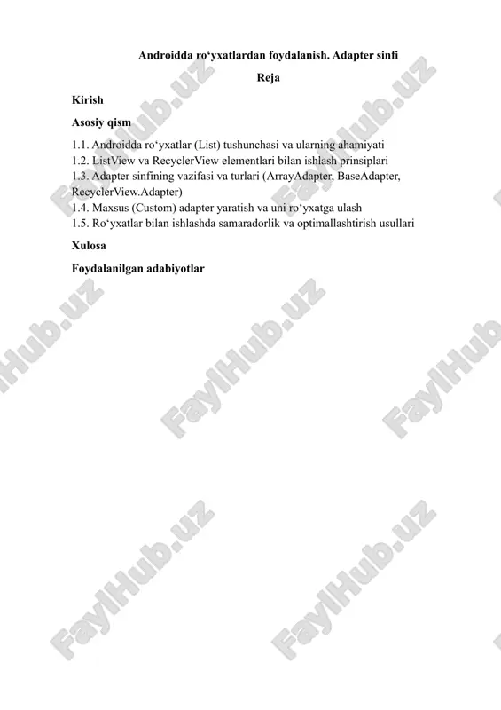 androidda ro‘yxatlardan foydalanish. adapter sinfi — DOCX