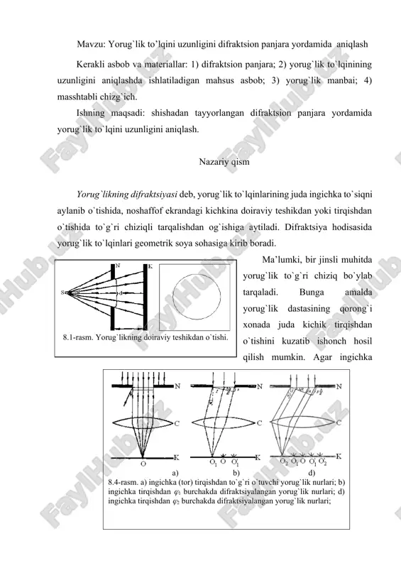 yorug'lik to’lqini uzunligini difraktsion panjara yordamida aniqlash — DOCX