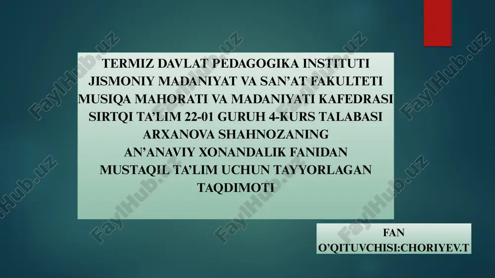 “shashmaqom san’atida xonandaning o‘rni va ijro uslublari” — PPTX