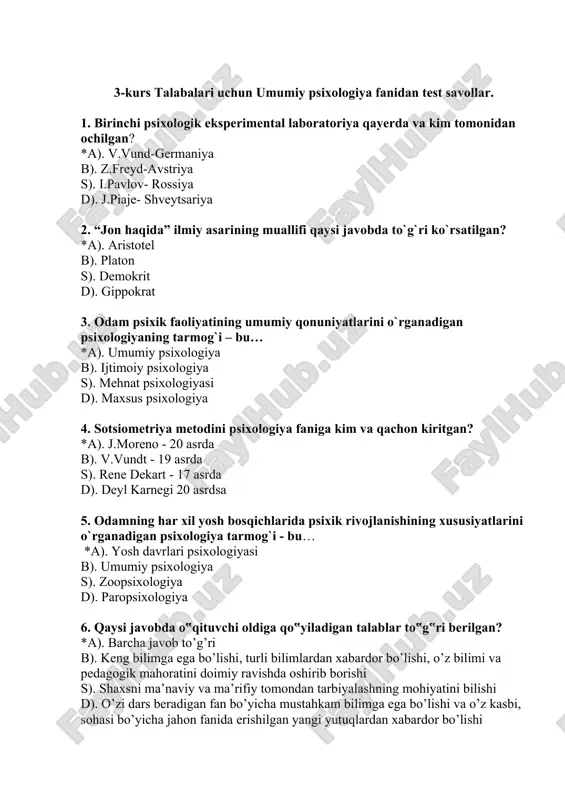 umumiy psixologiya fanidan test savollar — DOCX