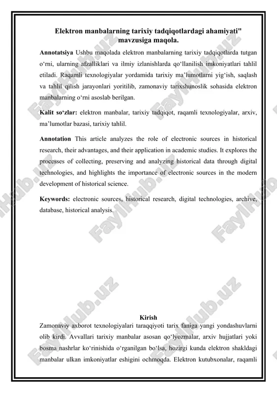 elektron manbalarning tarixiy tadqiqotlardagi ahamiyati — DOC