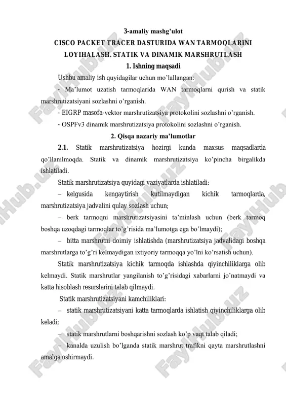 cisco packet tracer dasturida wan tarmoqlarini loyihalash — PDF