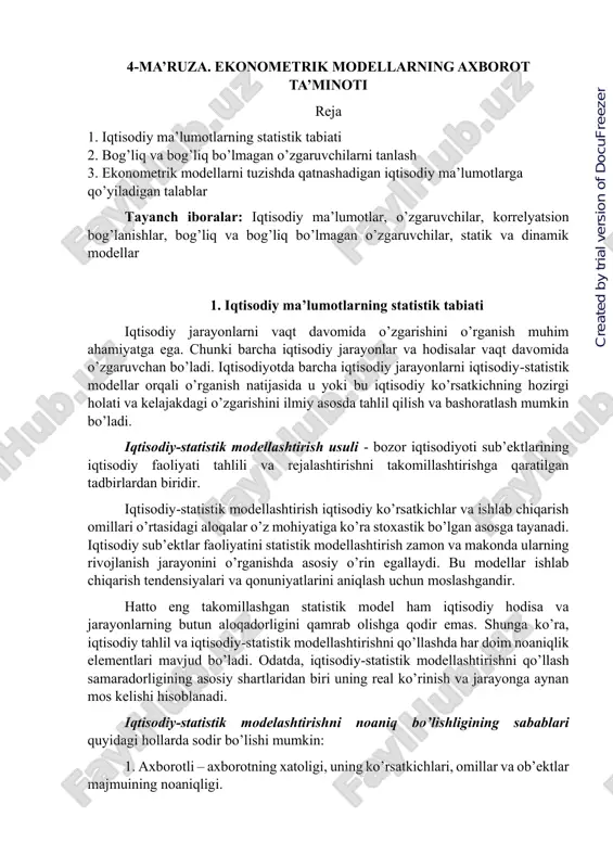 4-ma’ruza. ekonometrik modellarning axborot ta’minoti — PDF