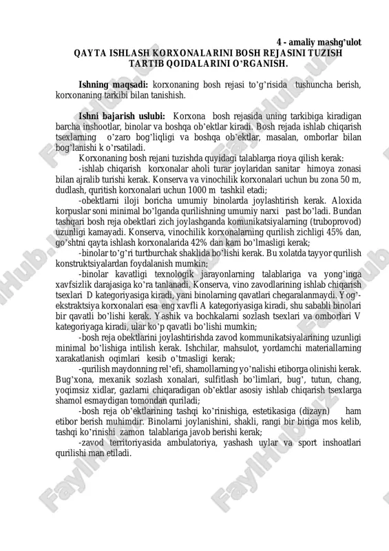 qayta ishlash korxonalarini bosh rejasini tuzish — PDF