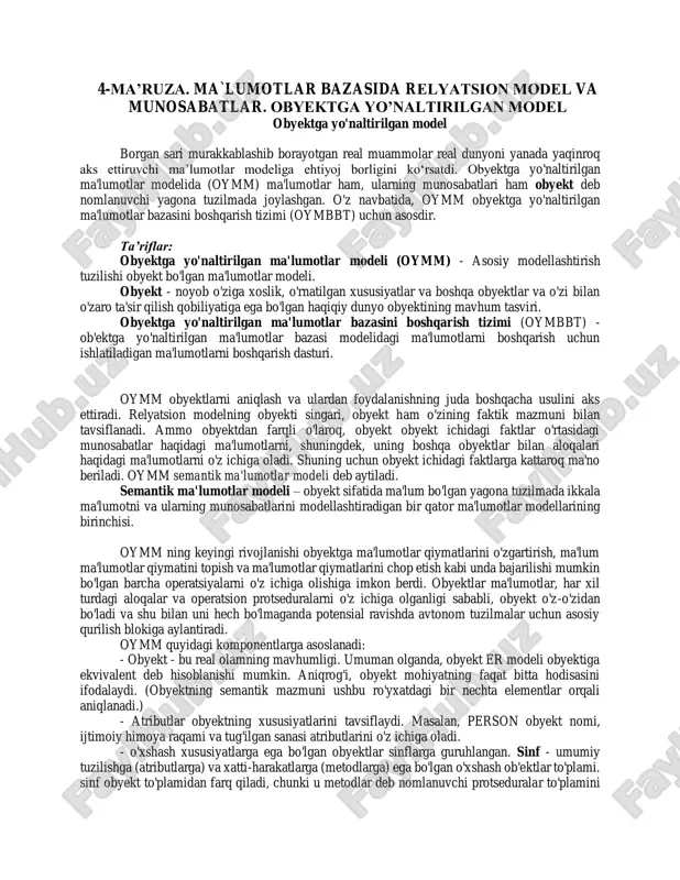 obyektga yo'naltirilgan ma'lumotlar modeli (oymm) — PDF