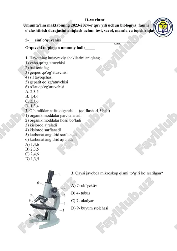 umumta’lim maktabi biologiya testi — PDF