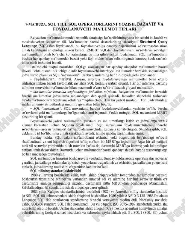 sql tili. sql operatorlarini yozish. bazaviy va foydalanuvchi ma’lumot tiplari — PDF
