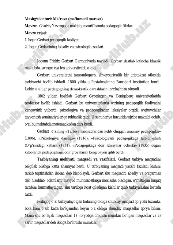 iogan gerbartning pedagogik faoliyati — PDF