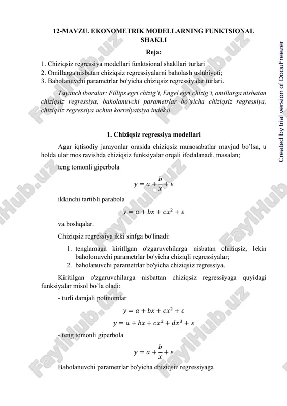 ekonometrik modellarning funktsional shakli — PDF